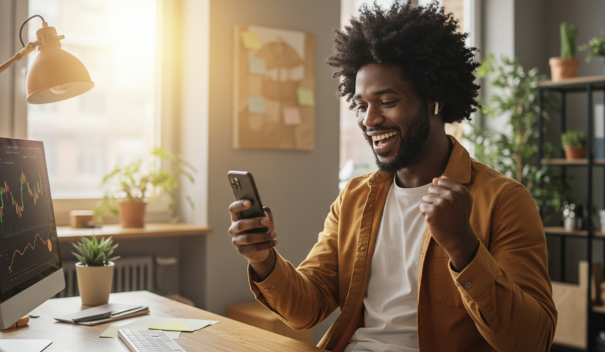 “Happy trader celebrating a successful crypto trade while checking his phone at a home office setup.
